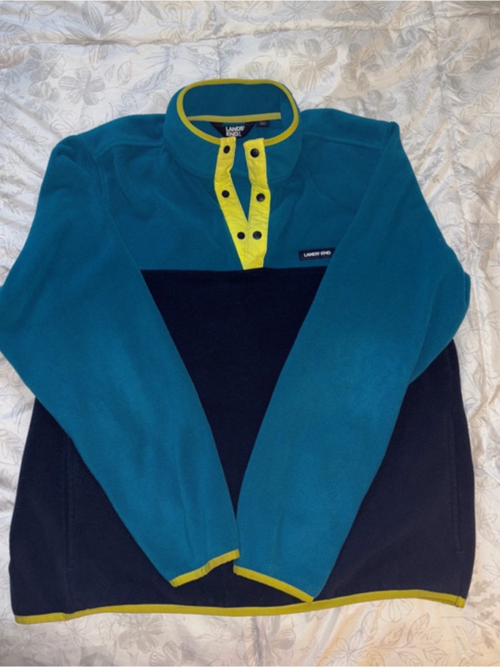 Lands' End Teal and Navy Zip-Placket Fleece with Yellow Trim